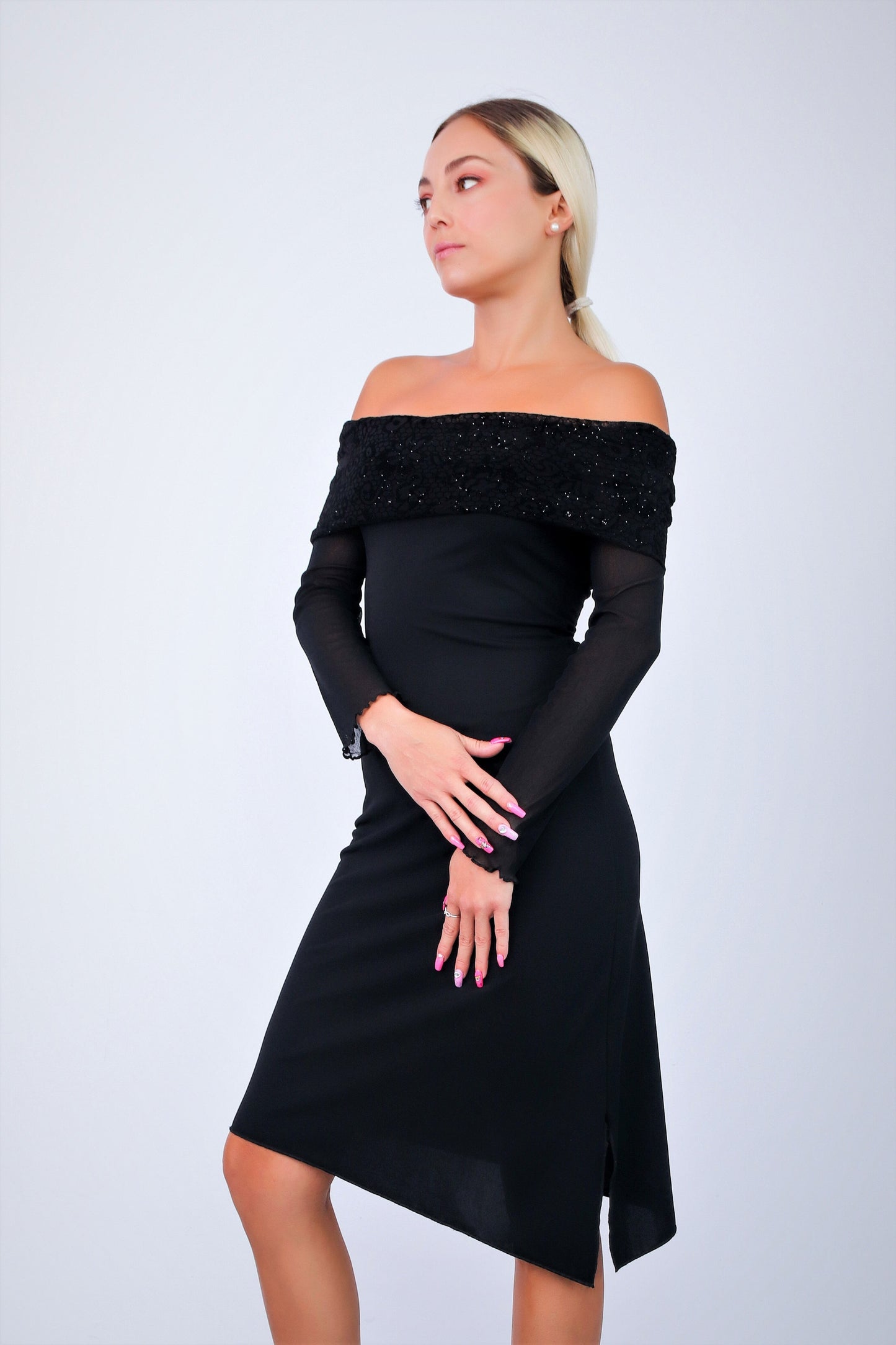 Black Midi Dress with see through long sleeves