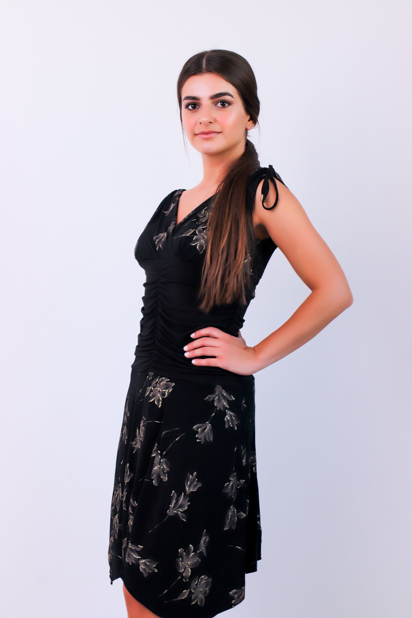 Black Midi Dress with golden flowers