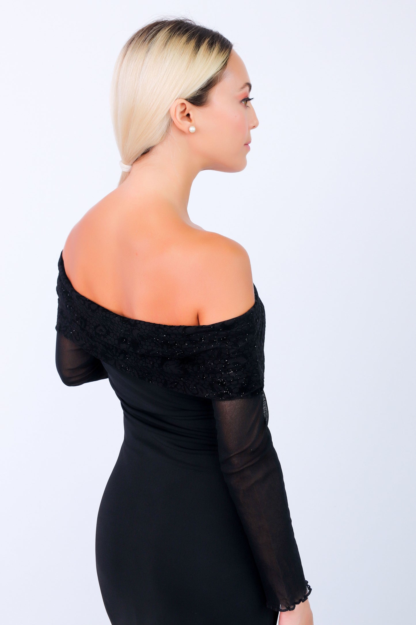 Black Midi Dress with see through long sleeves